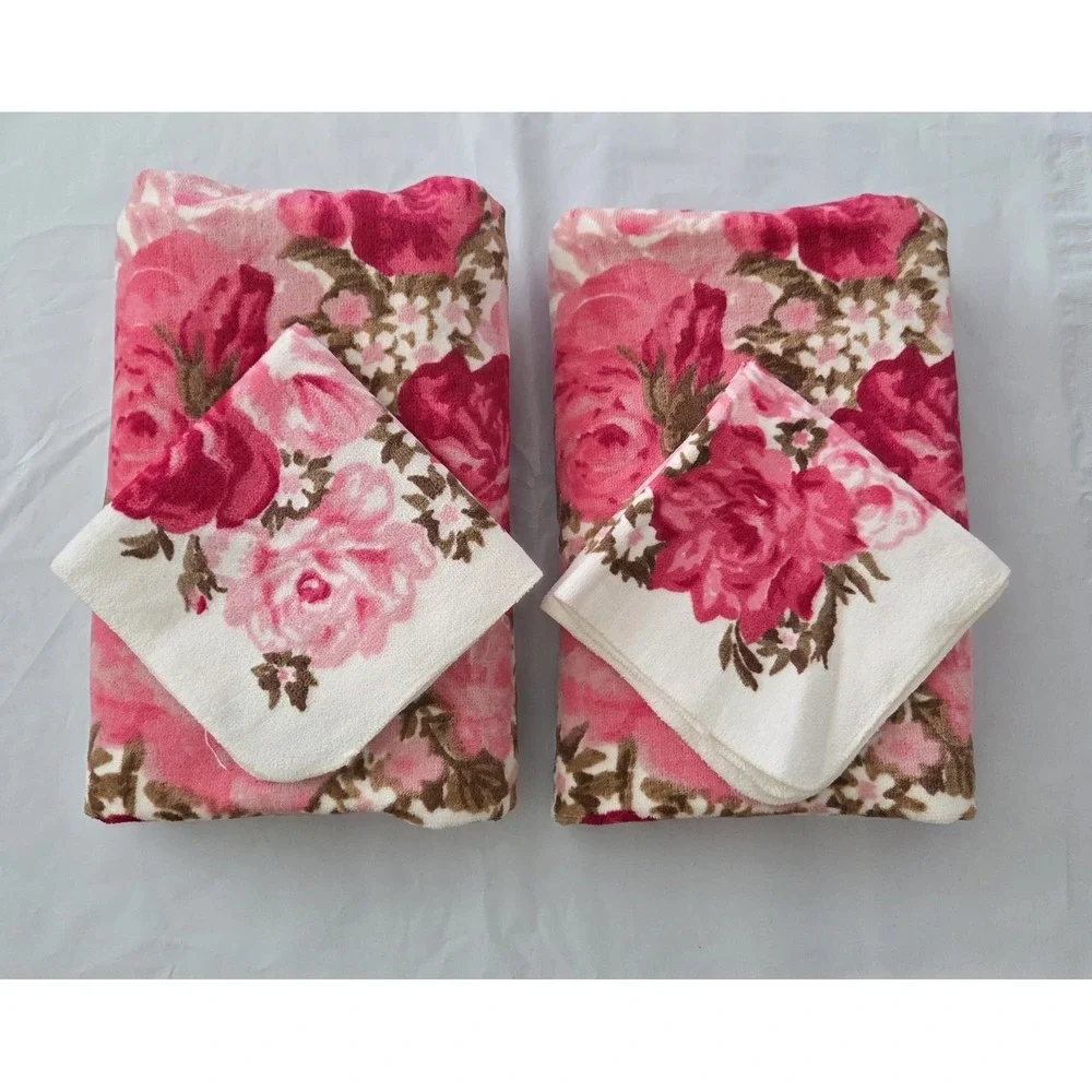 Vtg‎ Martex Roses Four Piece Bath Towel Set Floral Wash Cloths Vibrant Victorian